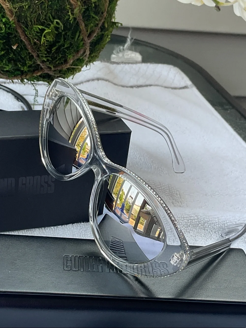 Crystal Cat-Eye Sunglasses with Silver Mirrored Lenses